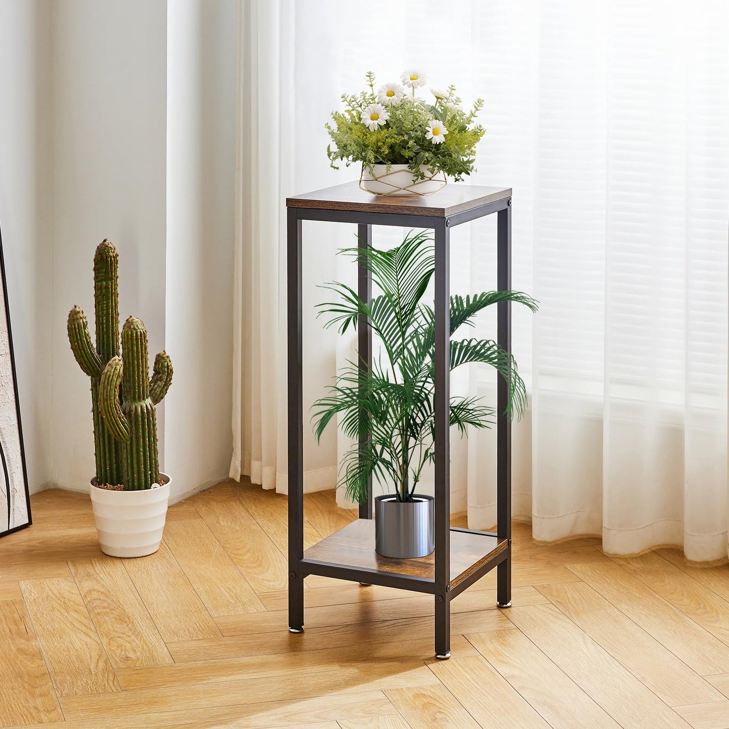 IBUYKE 30 Inch Tall Plant Stand Indoor, 2 Tier Wood Corner Plant Stand, Modern Square Plant Shelf Flower Stand for Living Room Patio Balcony Garden, Rustic Brown TMJ071H