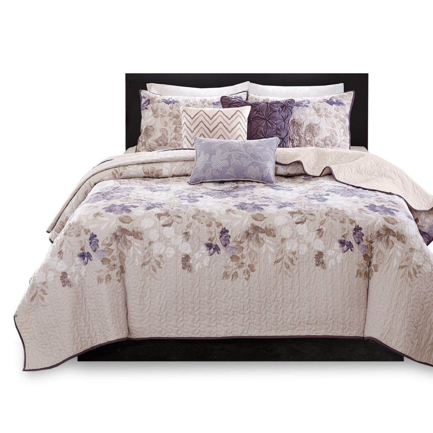 Madison Park Luna Quilt Modern Classic Design All Season, Breathable Coverlet Lightweight Bedding Set, Matching Shams, Decorative Pillow, Full/Queen(90"x90"), Floral Taupe 6 Piece