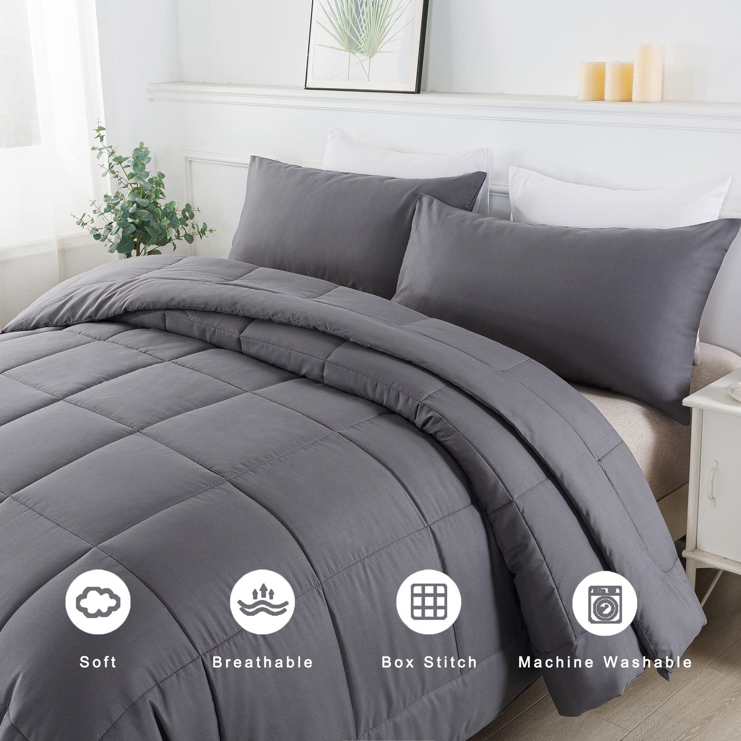 DOWNCOOL Queen Comforter Set -All Season Bedding Comforters Sets with 2 Pillow Cases-3 Pieces Bedding Sets Queen -Down Alternative Grey Queen Size Comforter Sets(88"x92")