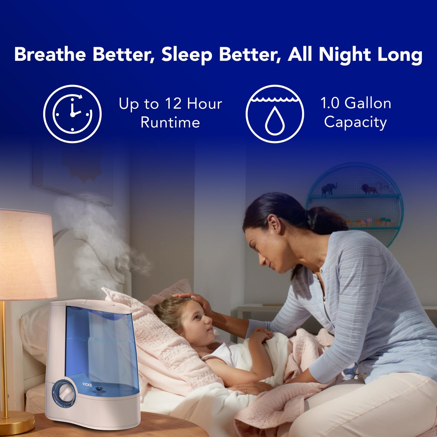 Vicks Warm Mist Humidifier Filter-Free 1-Gal Tank, Auto Shut-Off, Night Light, VapoPad and VapoSteam Compatible