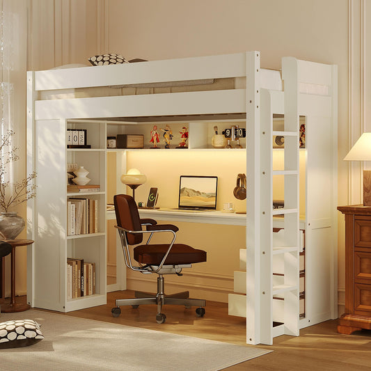 Merax Wood Twin Loft Bed with Desk & 4-Tier Bookshelf & 4 Drawers & Top Storage Shelves, Ash Veneer Bed Frame with Guardrails, Smart APP Control Light Strip, USB Charging Ports, Bear 400lbs, White