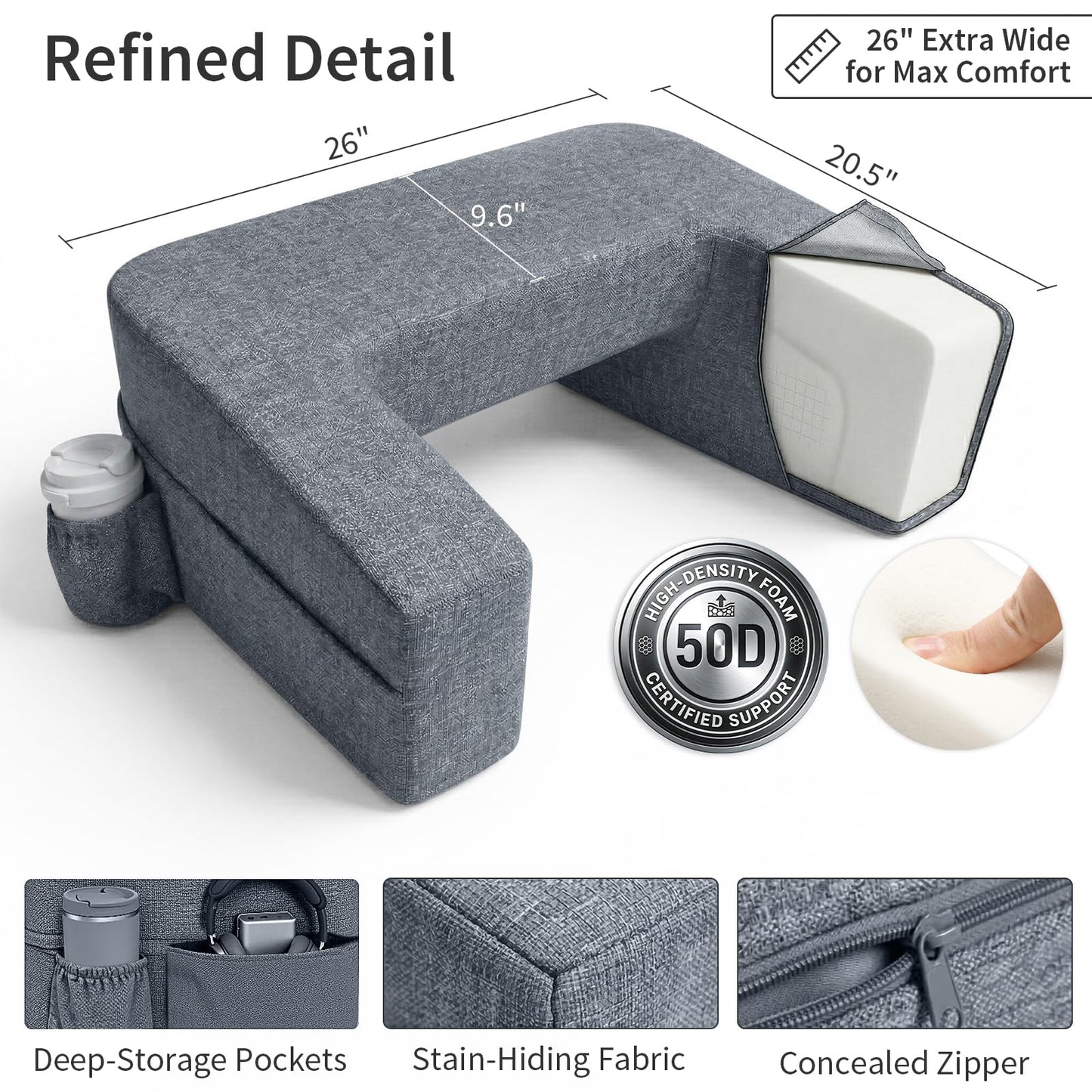 Septsun 26" Extra Wide Lap Desk Pillow - Gaming Reading Pillow & Laptop Lap Desk w/Ergonomic Arm Elbow Support for WFH, Bed, Couch, Floor - Fits 13-17" Laptop, Steam Deck, Switch (Modern Gray, Large)
