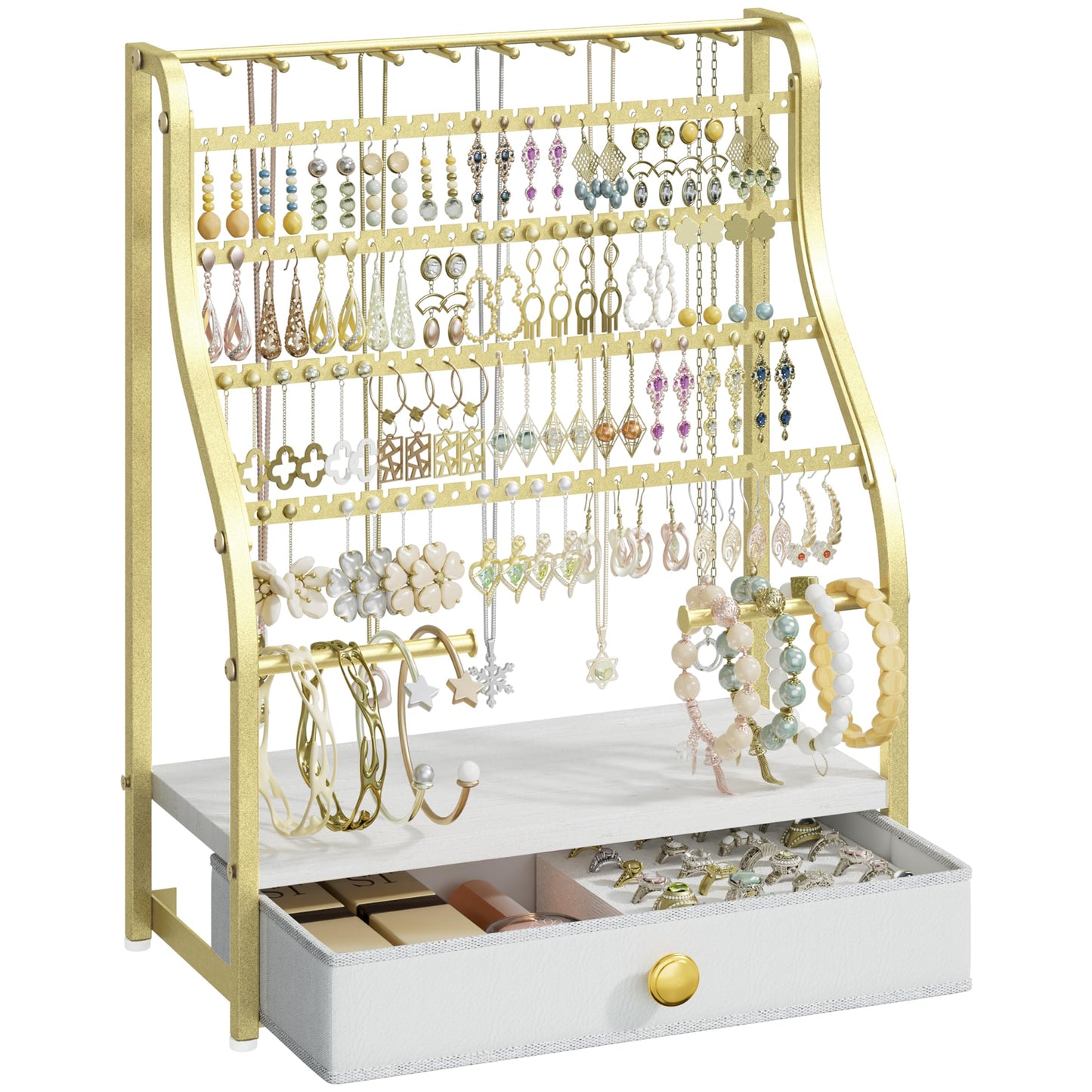 SWTYMIKI Earring Holder Organizer - Jewelry Organizer Stand with Necklace Hooks, Watch Rods, Nonwoven Drawer, Large Capacity Jewelry Display for Stud Earring Bracelet Necklace Ring, Gold