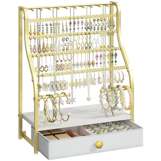 SWTYMIKI Earring Holder Organizer - Jewelry Organizer Stand with Necklace Hooks, Watch Rods, Nonwoven Drawer, Large Capacity Jewelry Display for Stud Earring Bracelet Necklace Ring, Gold