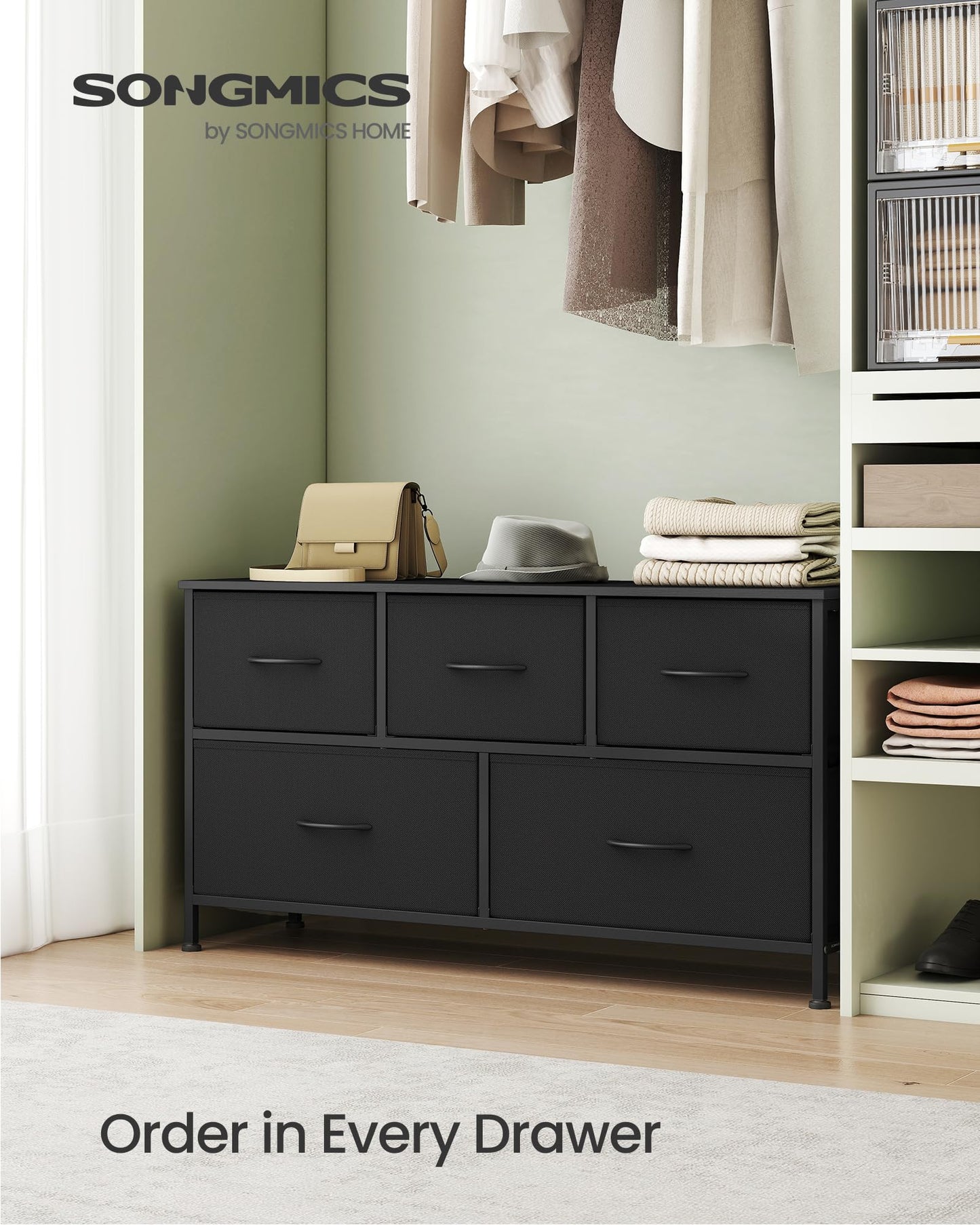 SONGMICS BELLAH Collection - Dresser for Bedroom, Chest of Drawers, Storage Organizer Unit, Closet, Entryway, Steel, 5 Drawers, Modern, Ink Black and Ebony Black ULGS322B01S