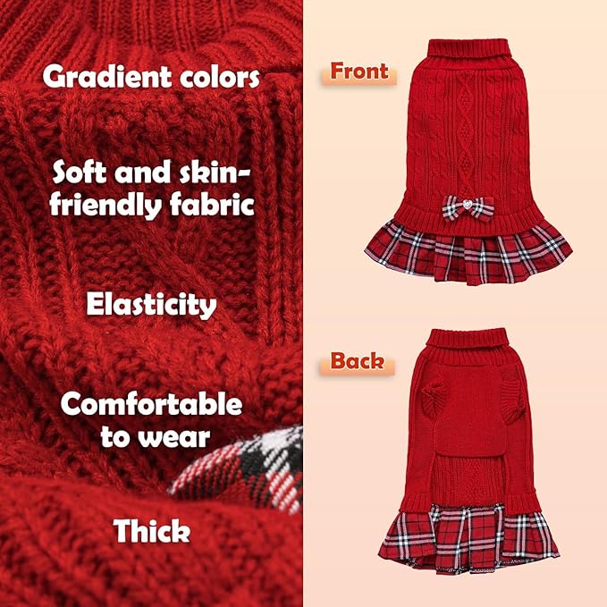YUDODO 2 Pack Small Dog Sweater Dress with Bowtie Turtleneck - Knitted Pet Girl Dog Winter Clothes - Pet Warm Sweater for Puppy Yorkies, Chihuahua (M Red+Grey)