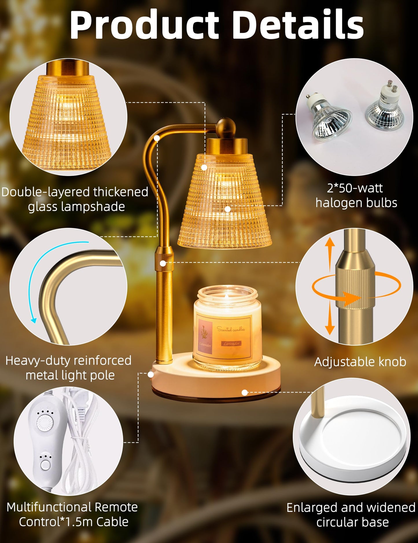 Candle Warmer Lamp for Jar Candles, Height Adjustable & Dimmable with 2/4/8H Timer, 2*50W Halogen Wax Melter Warmer for Home Office Décor, Flameless & Smokeless, Gift for Women Mom,Gold- Amber/1 Pack