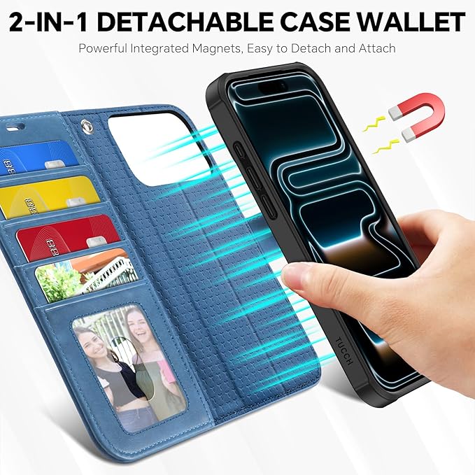 TUCCH Detachable Case Wallet for iPhone 17 Pro Max 6.9" 2025, Wrist Strap | 4 Card Slots RFID Blocking | Wireless Charging | Stand | 2-in-1 Magnetic | PU Leather | Shockproof Folio Cover | Light Blue