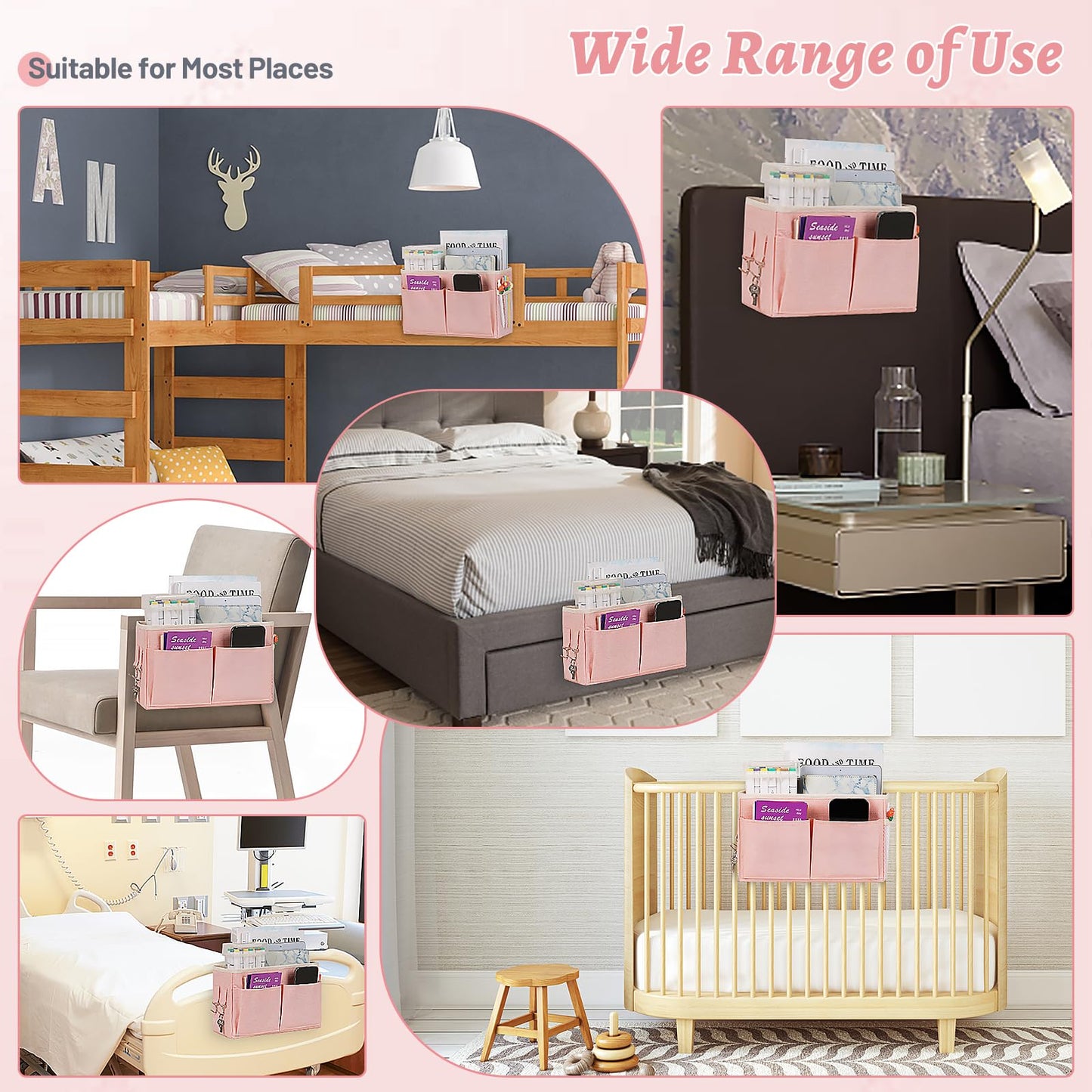 Frjjthchy Bedside Caddy Hanging Storage with Water Bottle Holder for Bunk Bed Hospital Bed Dorm Rooms (Pink)