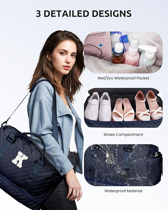 Vogewood Gifts for Girls - Personalized Initial Duffle Bag with Shoe Compartment, Weekender Travel Bag, Makeup Bag, Navy Blue, 12x7x2 inches