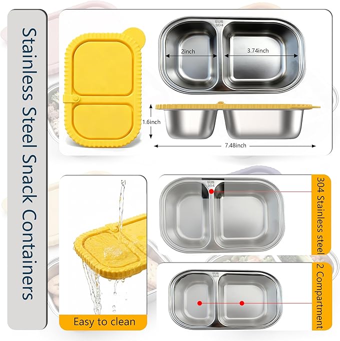 SHRONGZHI 304 Stainless Steel 2-Compartment Snack and Lunch Container with Easy-Open Silicone Lid, Built-In Utensil Clip, Leak-Proof and Stackable Design - Reusable Food Storage Box (SET B, 3 Pack)