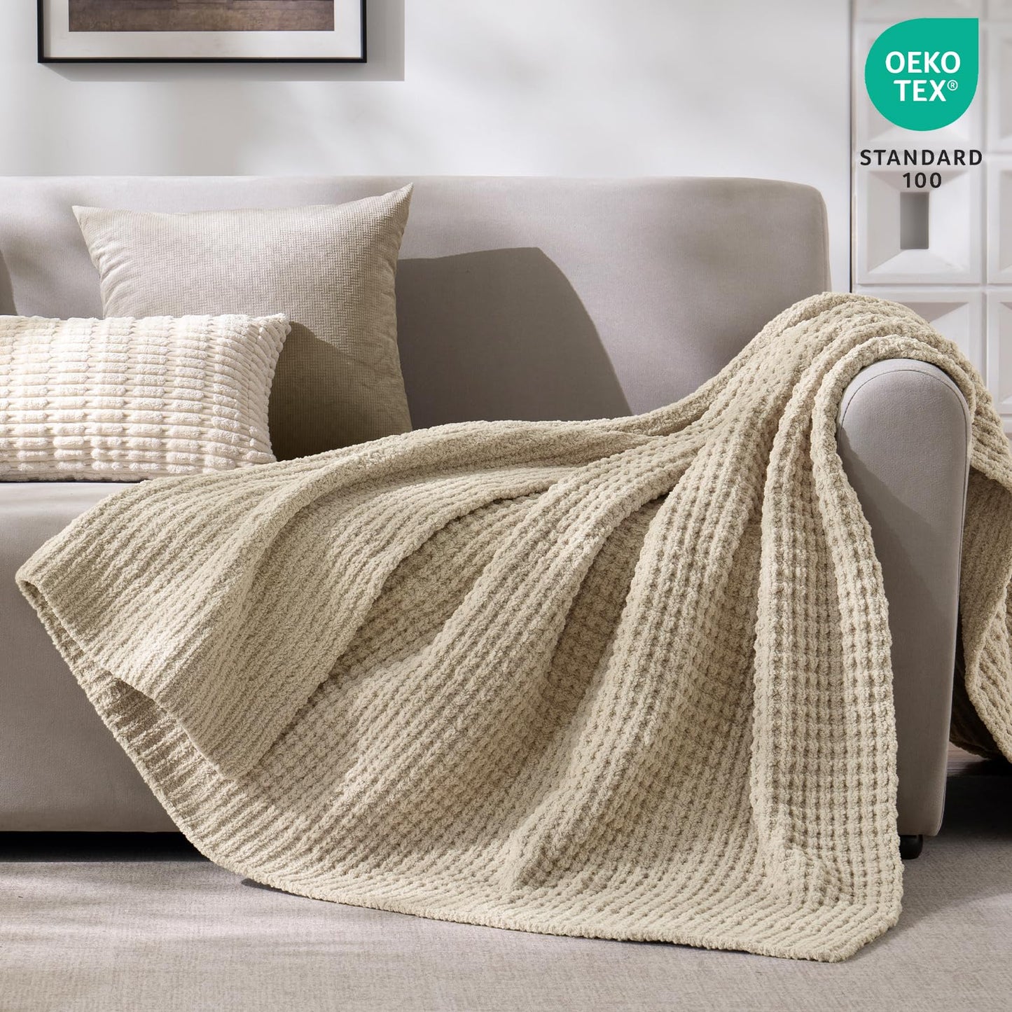 PHF Chenille Waffle Knit Throw Blanket- Plush Warm & Cozy 50" x 60" Ultra Soft Blanket- Chunky Fluffy Waffle Throws for Couch Bed Sofa - Natural