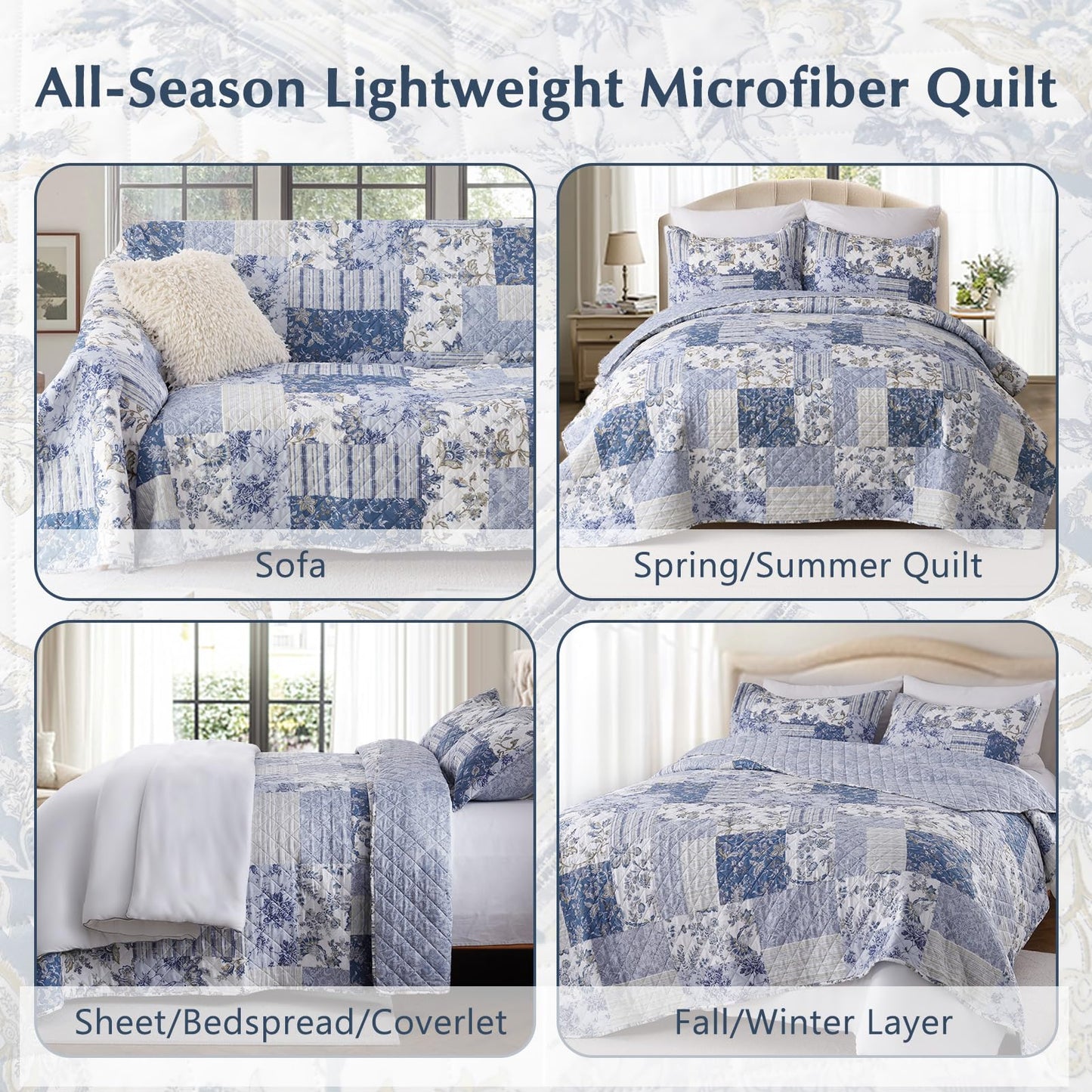 GOONE XL Queen Quilt Set 90"x96", Reversible Blue Floral Boho Queen Size Quilt Bedding Set, Lightweight Spring & Summer Farmhouse Bedspread, Coverlet Quilts Queen Size with 2 Pillow Shams