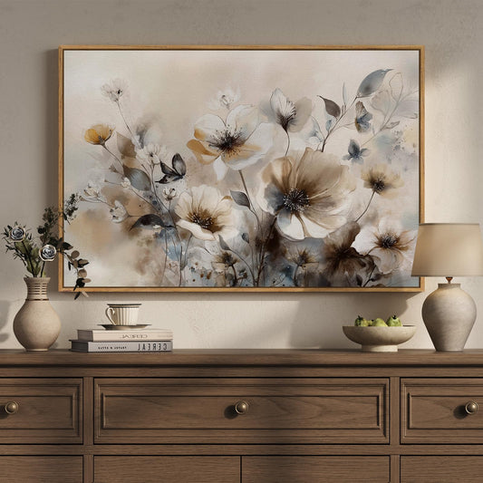 Framed Neutral Floral Wall Art, Vintage Beige Botanical Flower Canvas Artwork for Modern Farmhouse Walls, Rustic Watercolor Painting Prints for Living Room Bedroom Kitchen Dining Room, 24x36 Inch