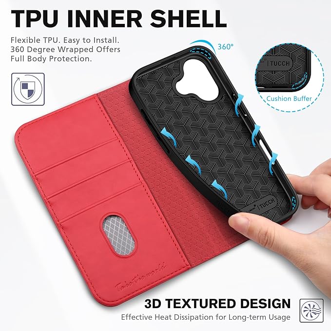 TUCCH Case Wallet for iPhone 17 (6.3") 2025, RFID Blocking, 3 Card Holders, Kickstand, PU Leather, Protective Flip Folio Cover, TPU Shockproof Interior Shell, Bright Red