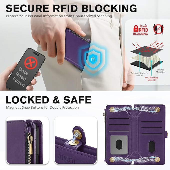 TUCCH Removable Crossbody Wallet Case for iPhone 17 (6.3"), 9 Card Holders RFID Blocking, Lanyard, Wrist Strap, Wireless Charging, Stand, Zipper Pocket, PU Leather, Magnetic Flip Cover, Deep Purple