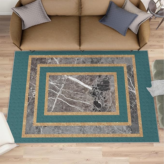 Emerald Green Marble Rug Luxury Teal Marble Area Rug Gilded Geometric Carpet Vintage Stone Crack Carpet for Bedroom Bedside Living Room 8x10ft