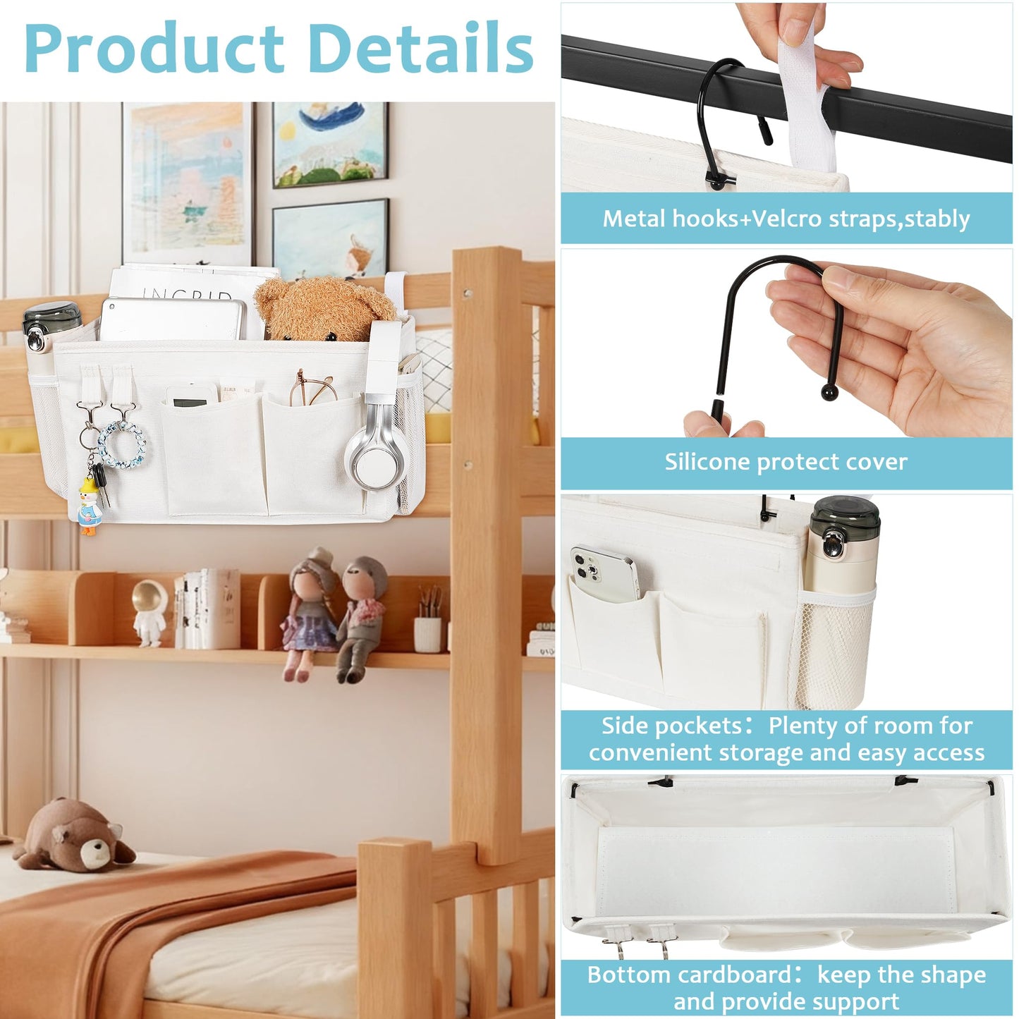 Loghot Bedside Caddy/Bedside Storage Bag Hanging Organizer for Bunk and Hospital Beds,Dorm Rooms Bed Rails,Can be Placed Glasses,Books,Mobile Phones,Keys (White)