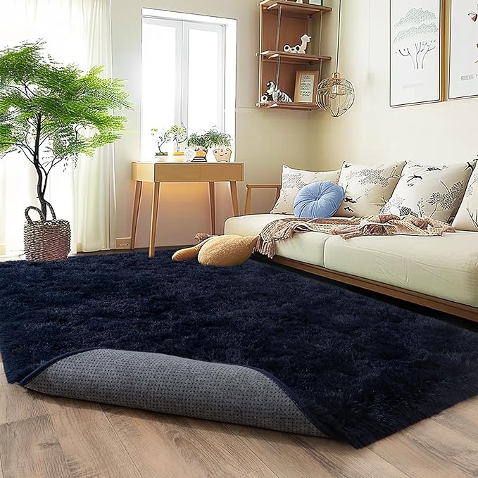 8x10 Large Area Rugs for Living Room, Ultra Fluffy Shag Rug for Bedroom, Modern Plush Soft Carpet for Girls Boys Kids Room Dorm Fuzzy Non Slip Rug for Home Decor Aesthetic, Dark Blue