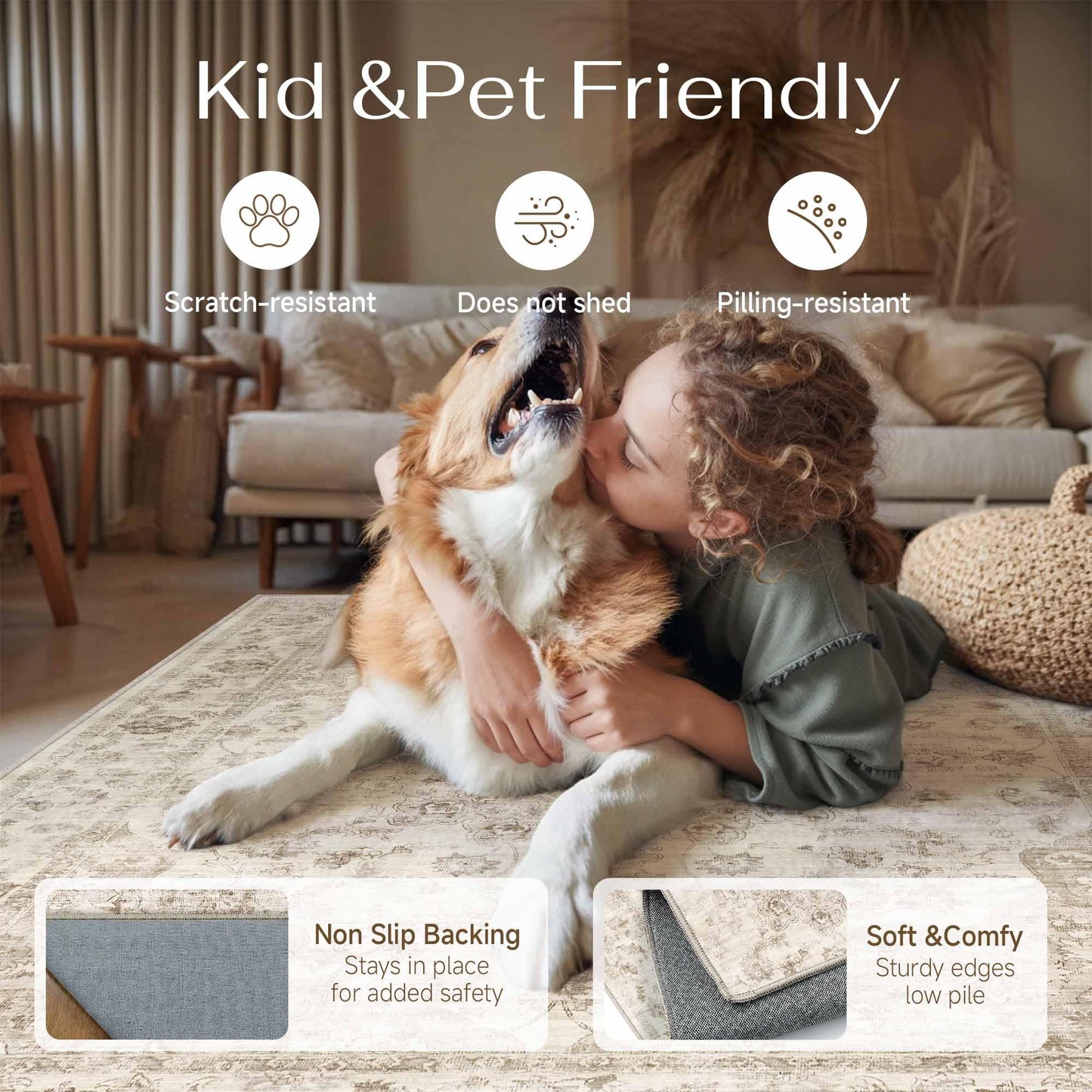 WondRg 5x7 Washable Neutral Area Rug Beige Vintage Living Room Bedroom Carpet Non-Slip Soft Low Pile Farmhouse Indoor Throw Rug for Dining Room Entryway Office