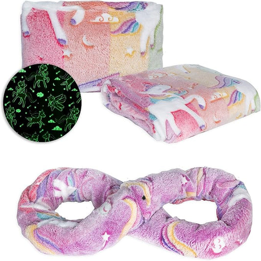 NAPRO Kids 3-in-1 Travel Blanket and Pillow Combo, Convertible Infinity Scarf, Lightweight Neck Support for Airplane, Car & Camping, Glow-in-The-Dark - Unicorn