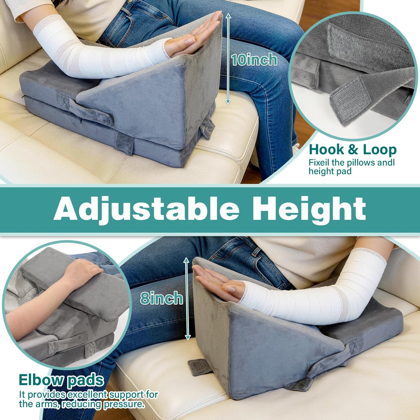 CRAURU Arm Wedge Pillow Adjustable Arm Elevation Pillow with Pocket High Density Foam Ergonomic Hand Elbow Support Pillows with Removable Cover, Grey