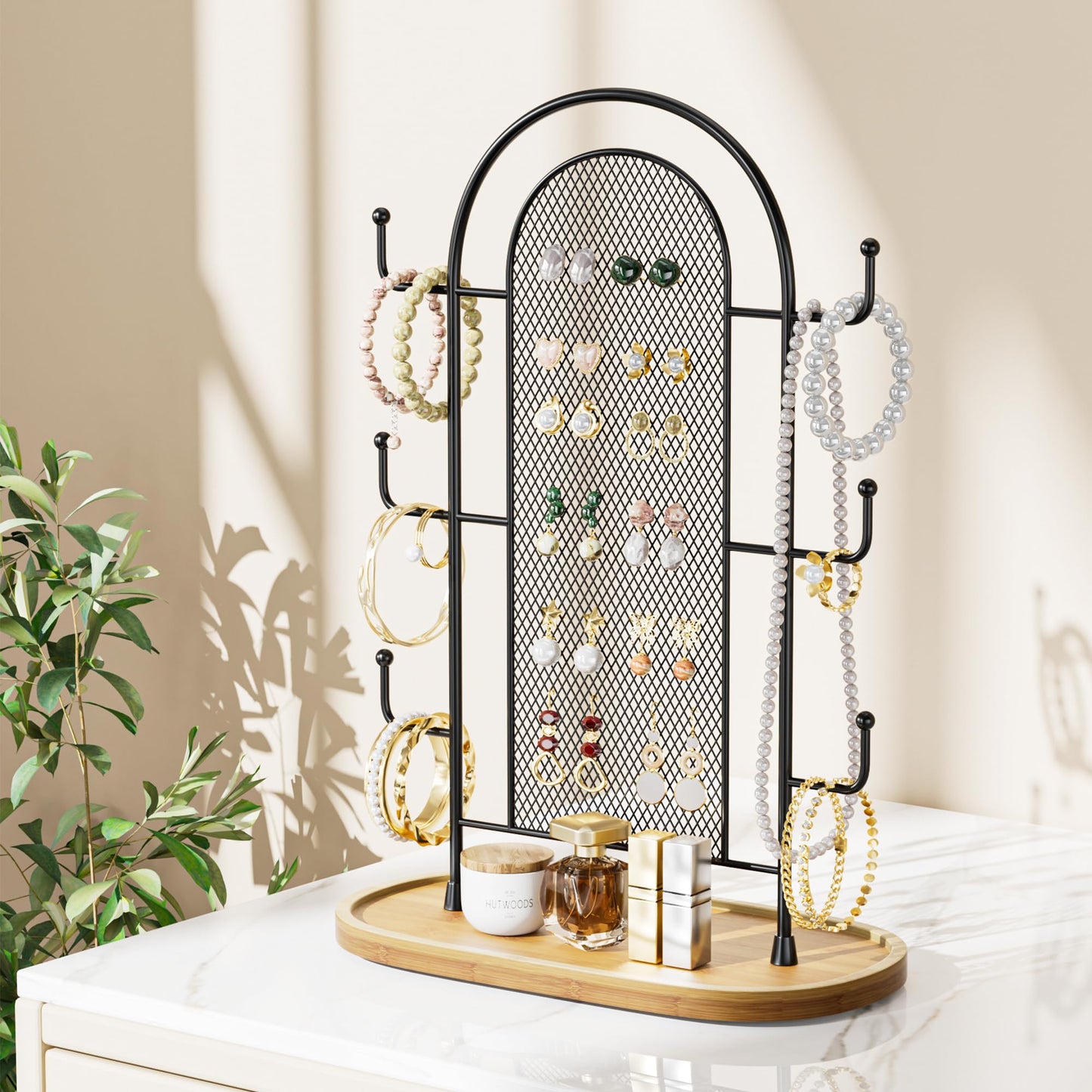 bussdis Jewelry Holder Organizer Earring Display - Earring Storage Tree Stands Towers With 6 Hooks 300 Studs Wood Tray Black Metal Rack