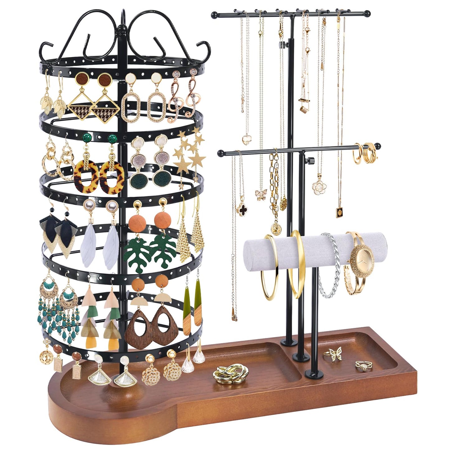SMFANLIN Jewelry Organizer Stand, Metal Rotating Earring Holder Organizer, Multi-Functional Adjustable Necklace Rack Holder Bracelet Watch Holder for Jewelry Earrings Ring, Black