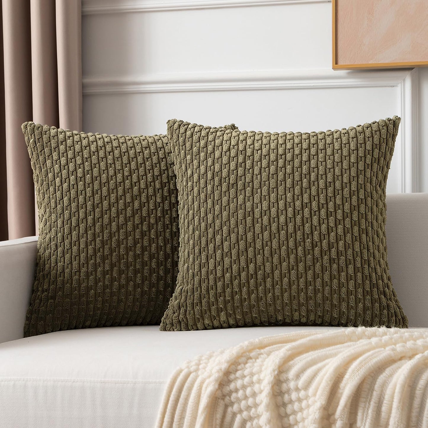 Kevin Textile Pack of 2 Corduroy Decorative Throw Pillow Covers 22x22 Inch Soft Boho Striped Pillow Covers Modern Farmhouse Home Decor for Spring Sofa Living Room Couch Bed Olive Green