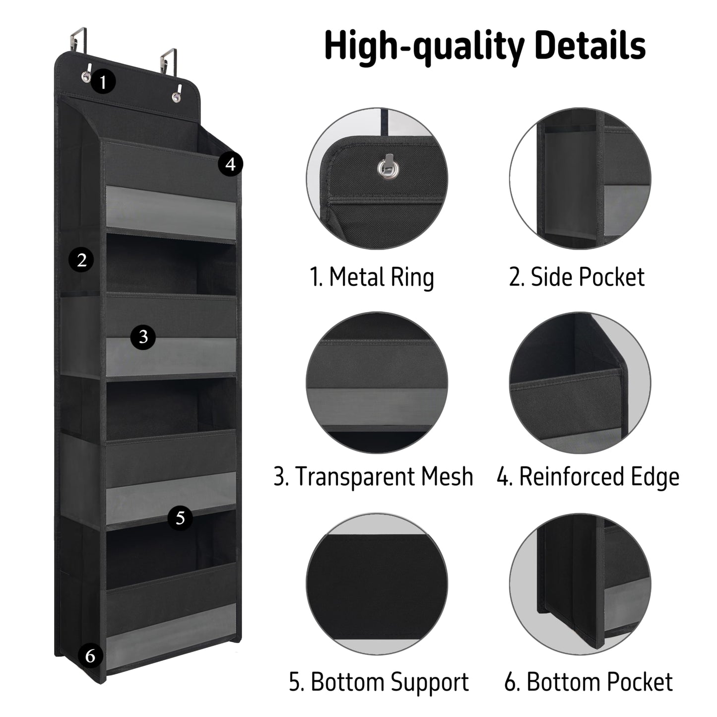TYMENSH Black Over Door Organizer with 4 Large Clear Pockets, Compact Black Hanging Door Storage for Closet, Bathroom, Bedroom, Dorm, Nursery, Toys, Cosmetics, Baby Essentials