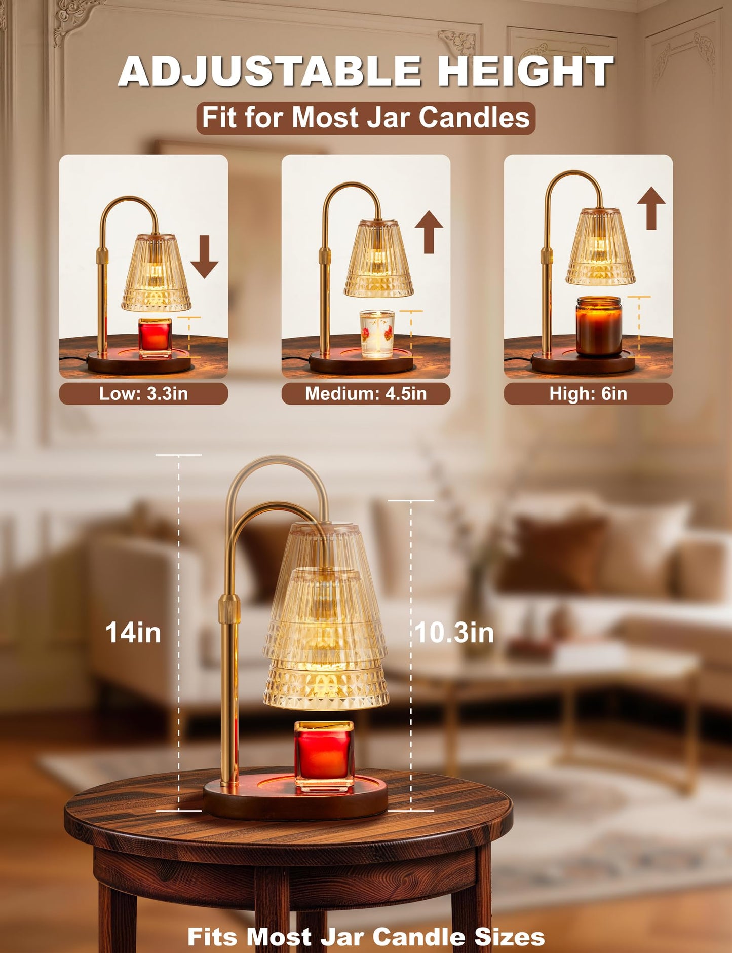 Candle Warmer Lamp with Dimmer & Timer，Adjustable Height for Jar Candles, Birthday Gifts for Mom Women Sister, Housewarming for New Home Decor, Wax Warmer for Jar Candles with 2 Bulbs (Amber-gold)