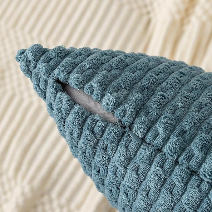Kevin Textile Throw Pillow Covers Soft Corduroy Decorative Set of 2 Boho Striped Pillow Covers Pillowcases Farmhouse Home Decor for Couch Bed Sofa Living Room 24x24 Inch Blue Grey