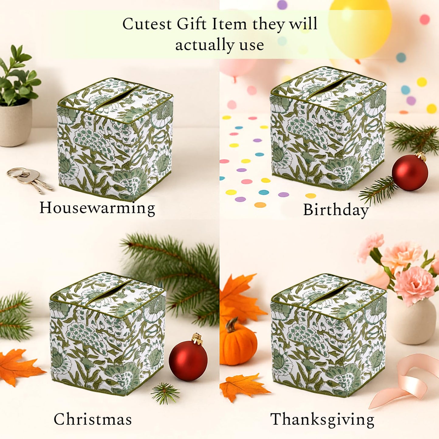 CPC Agate Green Hand Block Printed Cotton Tissue Box Cover 5" x 5" x 5.5" Square Soft Reusable Boho Napkin Holder for Home Kitchen Dining Bathroom Office Cafe Spa, Gift for Spring, Mother's Day