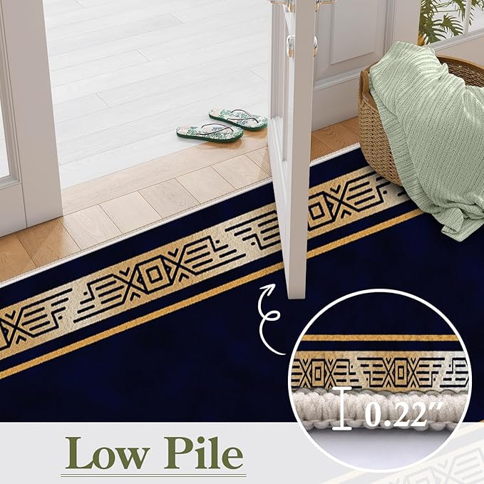 Abstract Navy Blue Runner for Entryway, 2.6x7ft, Retro Luxury Gold Geometric Border Living Room Rug, Print Fade Resistant Absorbent Dirty Resistant Long Indoor Rugs for Bedside Sofa