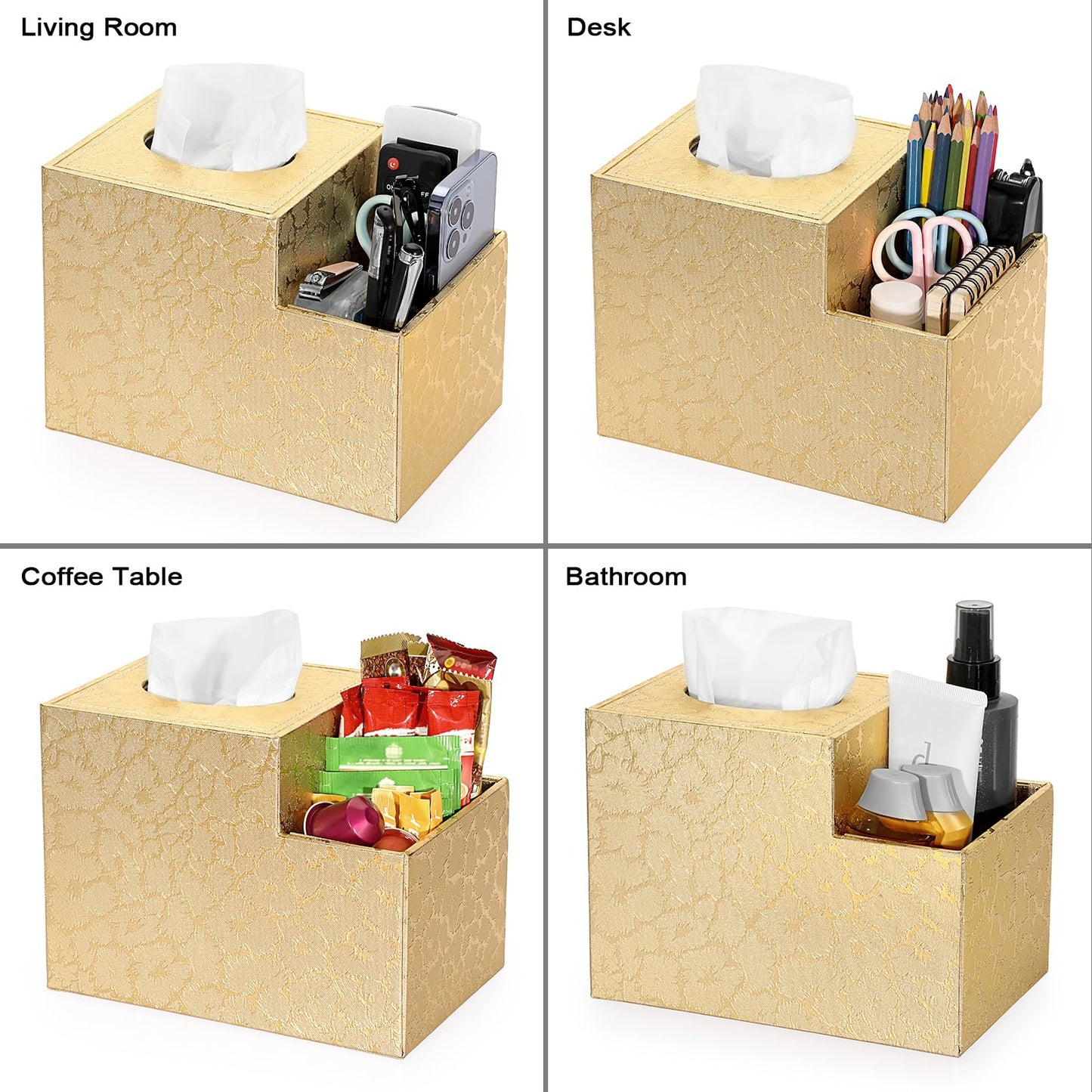 Sumnacon Square Leather Tissue Box Cover - PU Cube Tissue Box Holder with Side Organizer, Decorative Tissue Box for Living Room Vanity Night Stand Desk Countertop Office, Gold