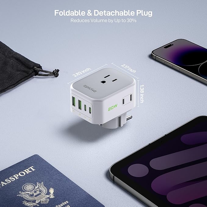 EPICKA Hybrid International Power Adapter for US to German & France, Foldable & Detachable Type EF VisaPlug, 8-in-1 Travel Plug Adapter with 4 USB Ports (2 USB-C PD 20W), Travel Dormestic Essentials