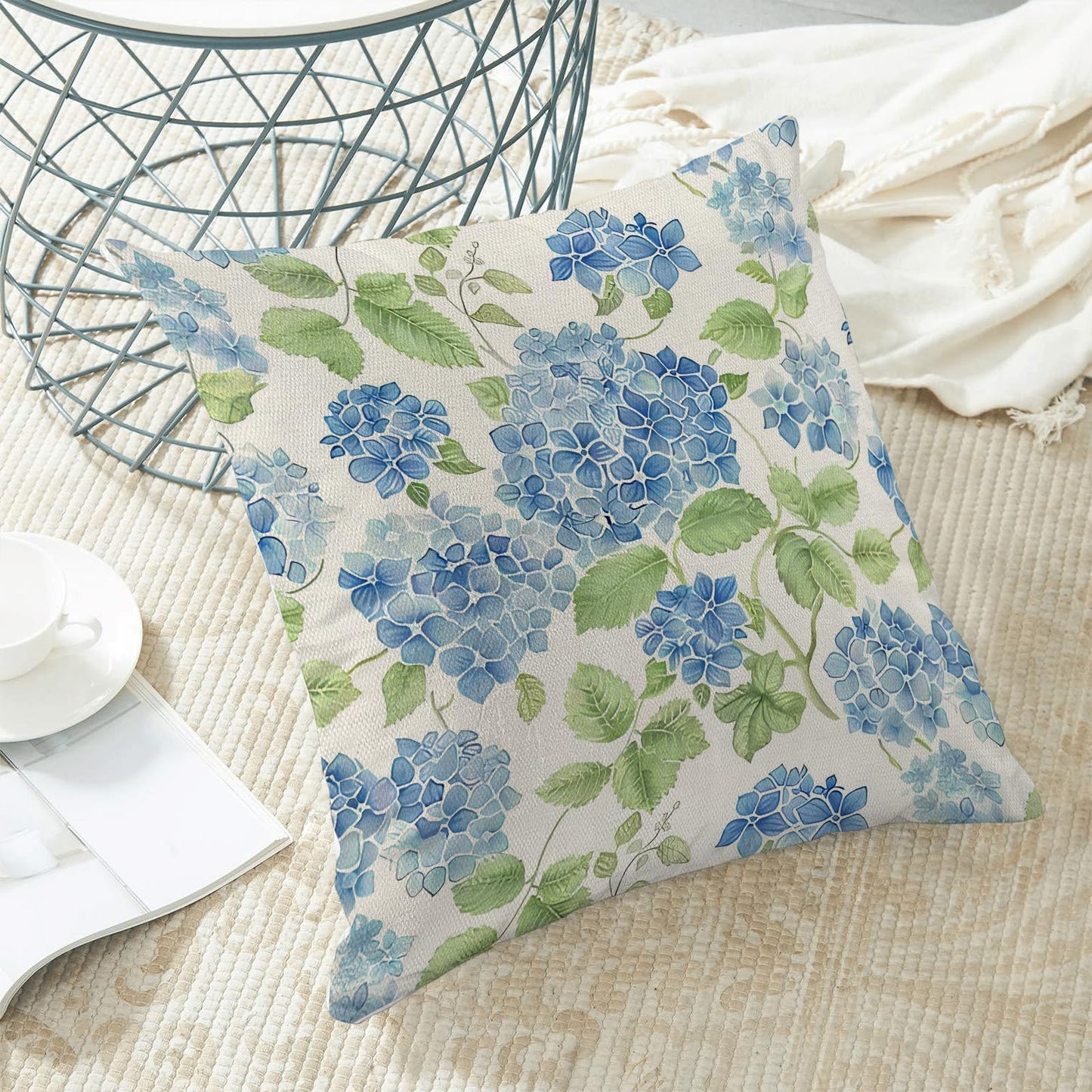 Sorktse Blue Green Floral Pillow Covers 18x18 Inch Set of 2 Blue Sage Green Hydrangea Floral Throw Pillows Spring Summer Flower Pillowcases Outdoor Decor Linen Cushion Covers for Couch Sofa Bed