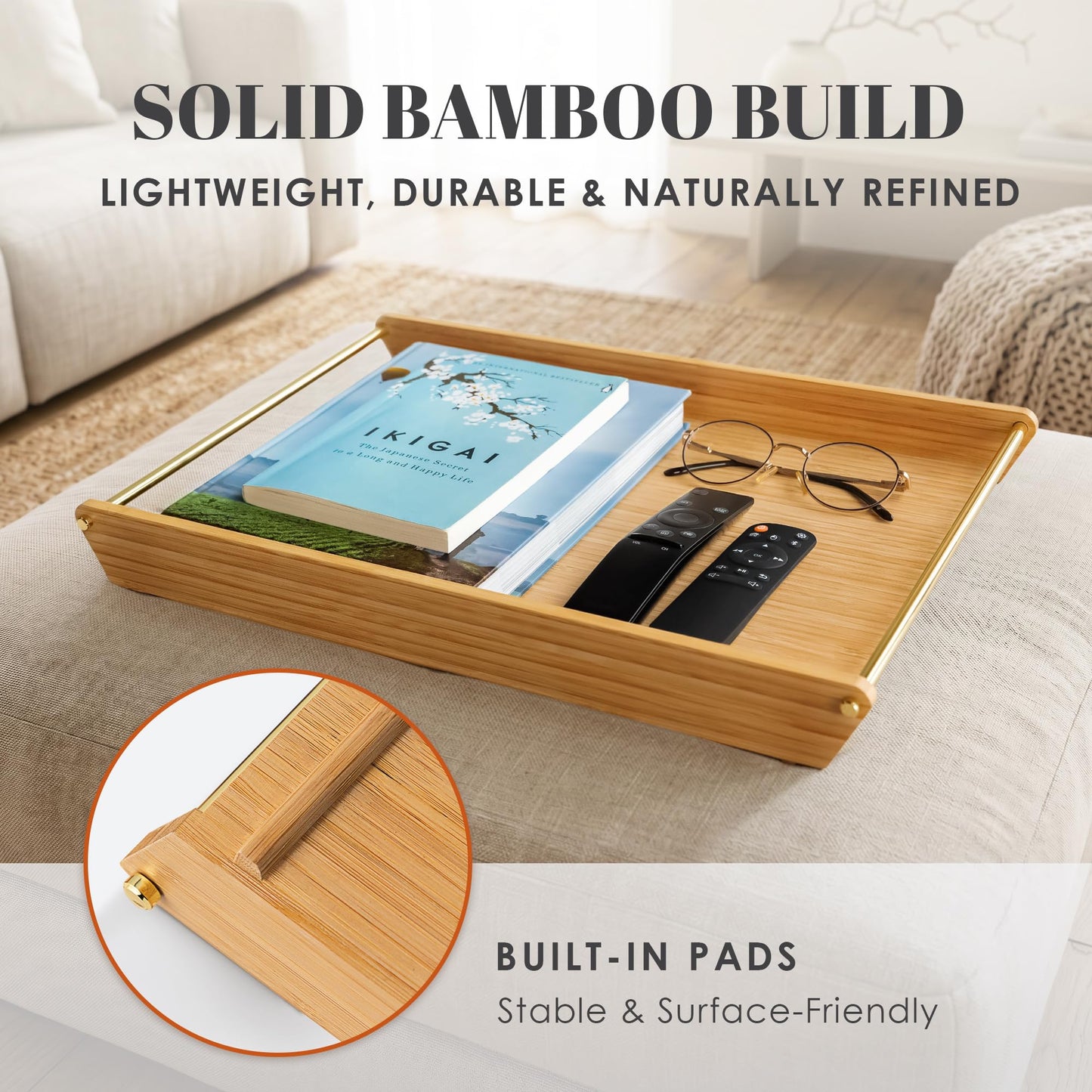 Bamboo Serving Tray with Gold Stainless Steel Handles, 16.5" x 11.2" Premium Decorative Ottoman Tray, Coffee Table Tray, Bed Tray for Breakfast in Bed, Living Room Decor