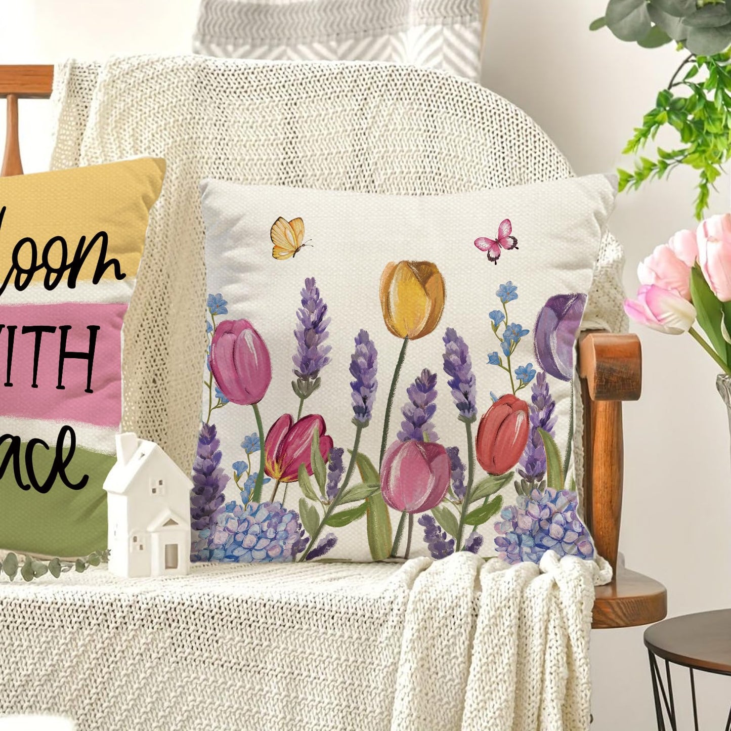Tikeciti Spring Summer Tulips Pillow Covers Home Sweet Home 18 x 18 Inch Throw Pillows, Hydrangea Floral Farmhouse Seasonal Outdoor Indoor Decorative for Cushion Case Sofa Couch Set of 4