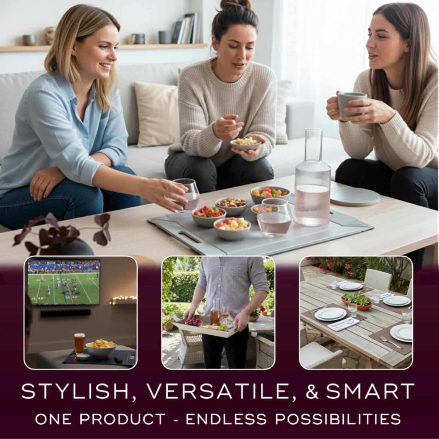 FREEFORM PLACEsMAT 2-in-1 Faux Leather Placemat & Serving Tray | Reversible Design, Lays Flat & Easy to Clean | Ottoman Food Tray, Perfect Housewarming Gift, 18” x 14” (Blue & Taupe, Set of 4)