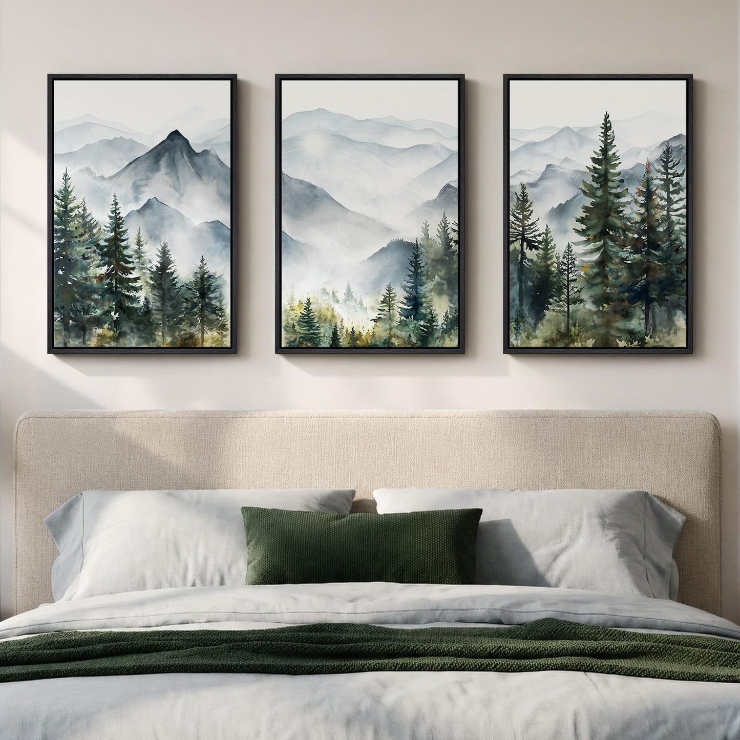Framed Mountain Landscape Wall Art Bedroom, 3 Piece Nature Foggy Forest Canvas Print Artwork for Walls, Scenic Pine Tree Paintings Pictures Wall Art Decor for Living Room Hallway, 16x24 Inch