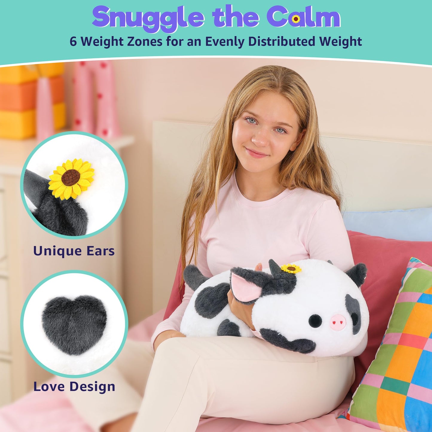 Onsoyours Original Weighted Sunflower Cow Stuffed Animals, 4.0 lbs Weighted Plush for Stress Relief - 20" Large Soft Cow Pillow Gifts for Kids & Adults