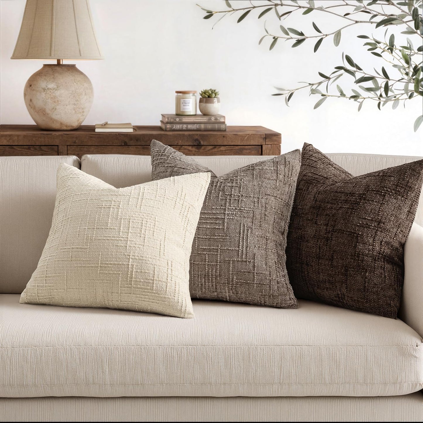 MIULEE Textured Throw Pillow Covers Thick Chenille Decorative Pillows Taupe Grey 18x18 Inch Set of 2 Modern Boho Farmhouse Home Decor Neutral Cushion Covers for Couch Sofa Living Room Bedroom