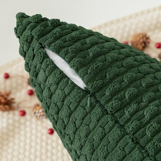 Kevin Textile Christmas Velvet Corduroy Boho Throw Euro Pillow Sham Cushion Cover for Bed 2 Pcs 16 x 16 Inch (40 x 40 cm) Dark Green