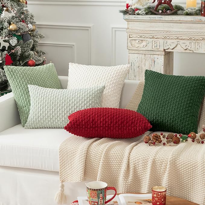 Kevin Textile Pillow Covers Decorative Set of 2 Striped Corduroy Plush Velvet Pillowcases Boho Cushion Cover for Couch 18x18 Inch Cream