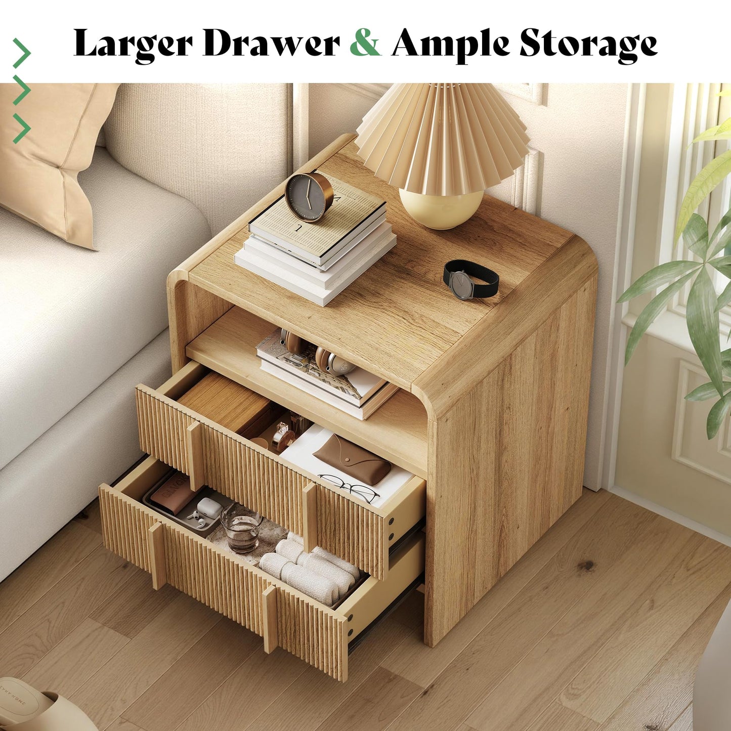 AMERLIFE 3-Piece Modern Fluted Bedroom Furniture Set, Including Wood Queen Size Bed Frame with Headboard & Footboard and Storage Night Stand Set of 2, Wooden Bedframe and Nightstand Sets, Natural Oak