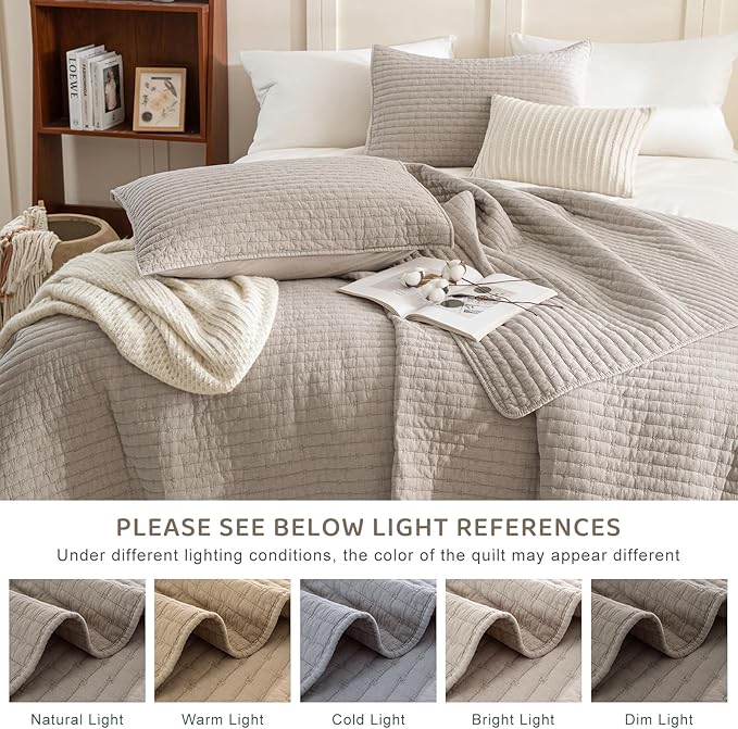 Sanracie Stonewashed Cotton Coverlet Oversized King(102"x118"), Linen Colored Cross Stitch Pattern Quilt Sets 3Pcs Ultra Soft Lightweight Crinkle Bed Coverlet Set for All Season