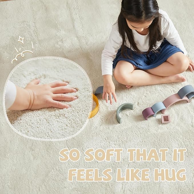 jinchan Solid Plush Area Rug 5x7 Performance Shaggy Washable Rug Indoor Soft Modern Faux Wool Cozy Non Slip Carpet for Living Room Kids Room Bedroom Dining Room Nursery Ivory