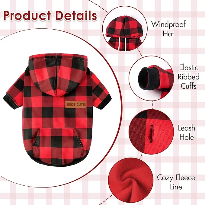 BAOBICUTE Dog Basic Hoodie Soft Dog Clothes Cold Weather Sweaters for Medium Large Dogs Cozy Fabric Warm Sweatshirt with Leash Hole (Red Plaid, XS (Back: 10.24",Chest: 14.96", Neck: 11.42"))