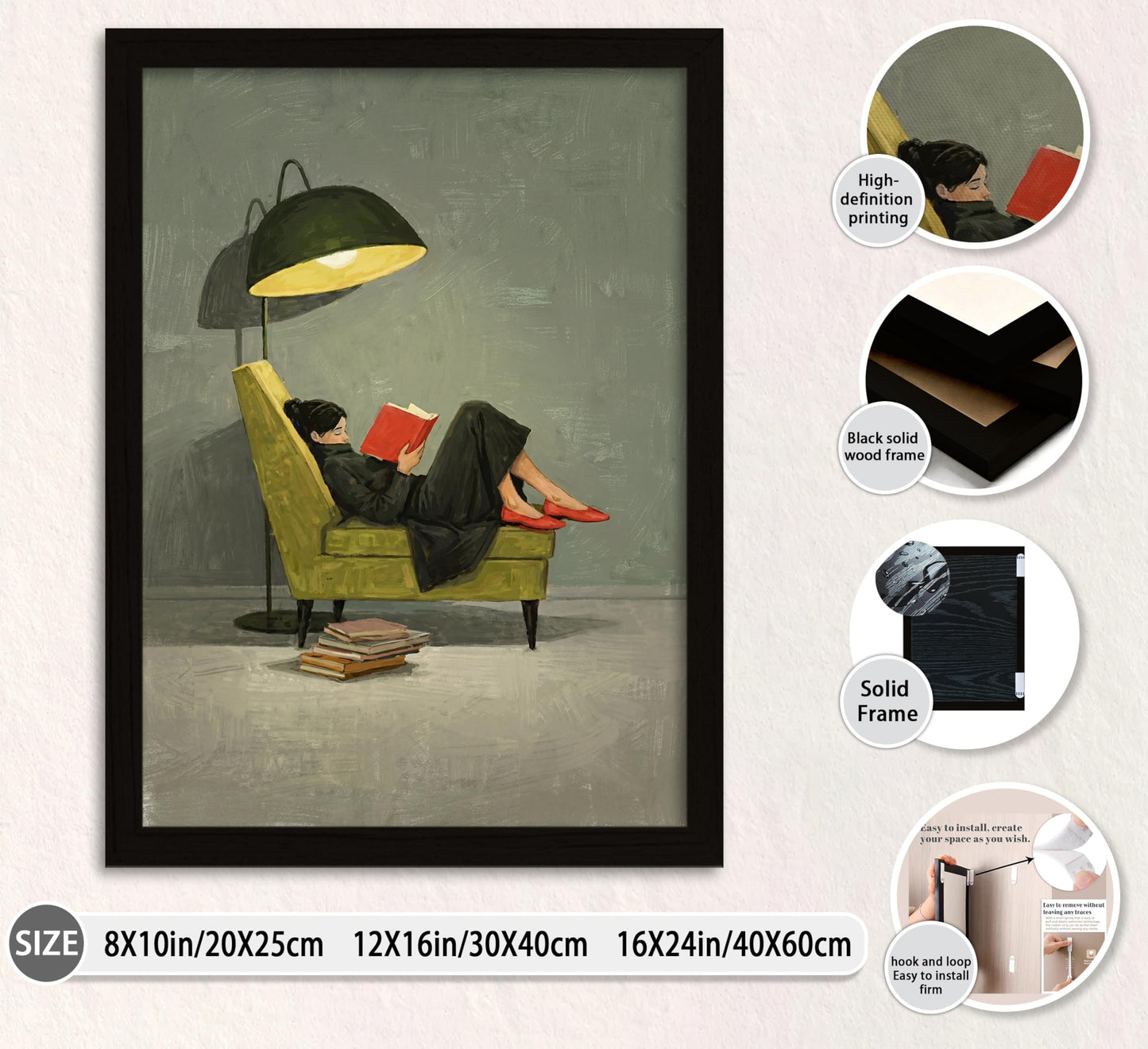 Framed Trendy Women Reading Book Wall Art Quiet Moment on The Sofa Art Prints Green Striped Painting Picture Modern Women's Minimalist Pictures Artwork for Living Room Bedroom Home office Wall Decor